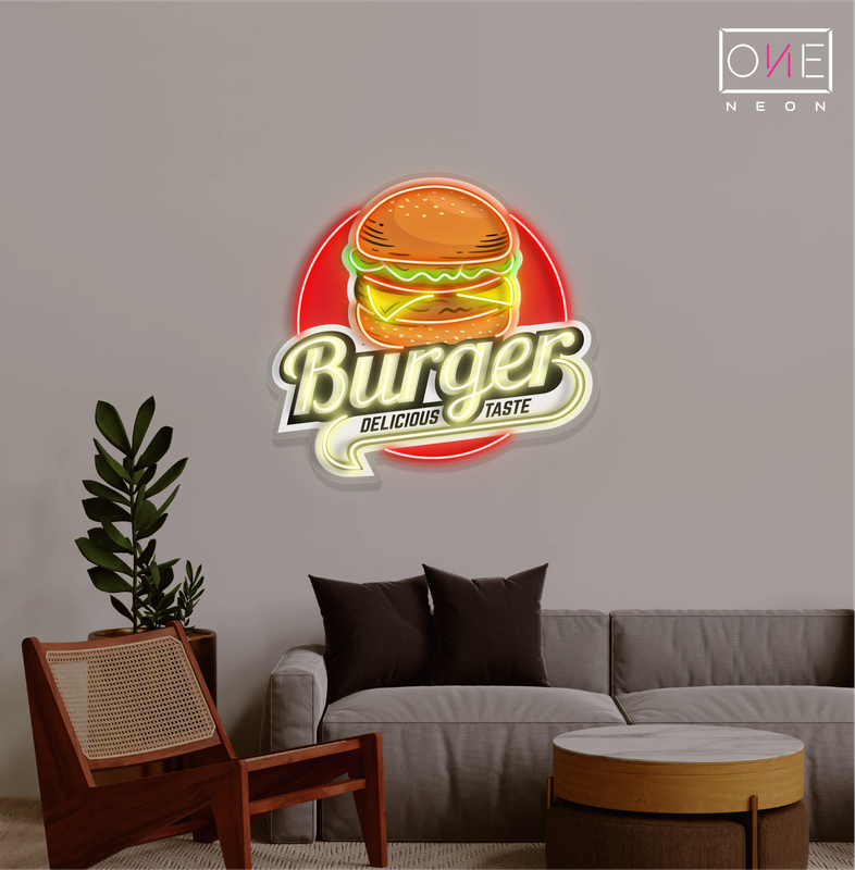 Enseigne au néon à LED avec illustration de délicieux hamburgers