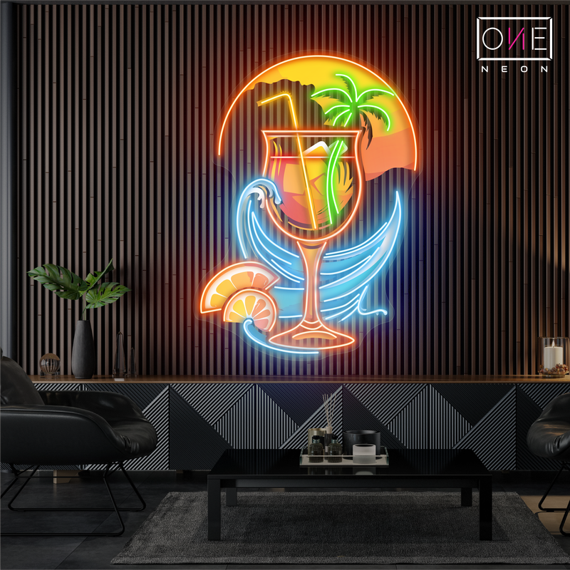 Panneau néon à LED avec illustration de cocktail au coucher du soleil tropical