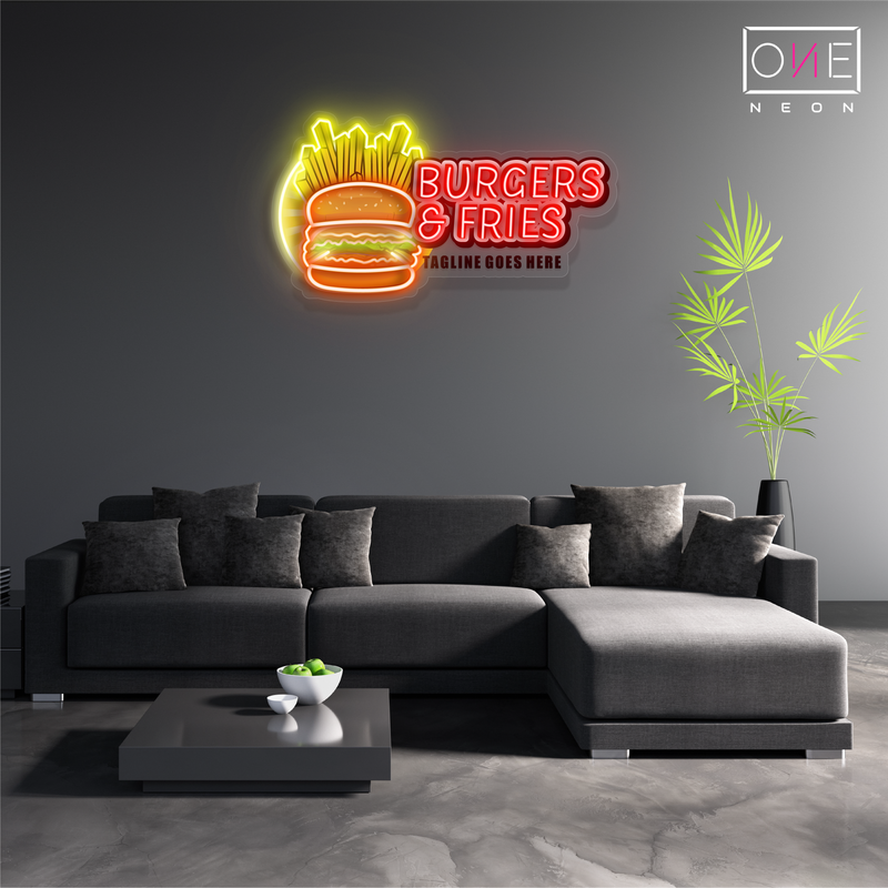 Panneau néon LED avec illustration de hamburgers et de frites