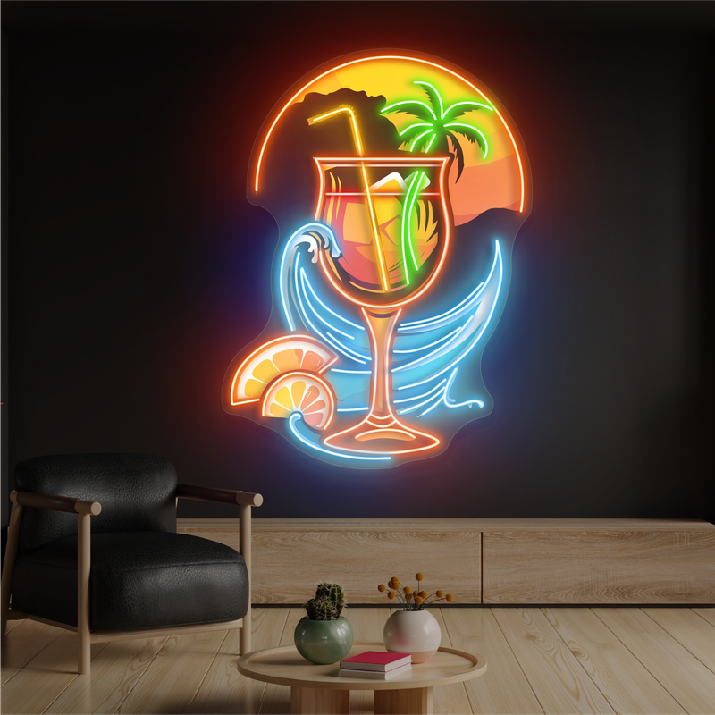 Panneau néon à LED avec illustration de cocktail au coucher du soleil tropical
