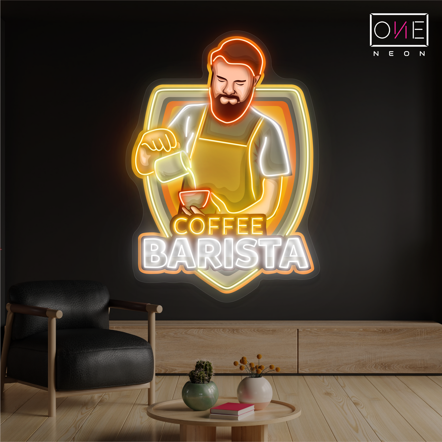 Panneau néon à LED avec illustration de barista de café
