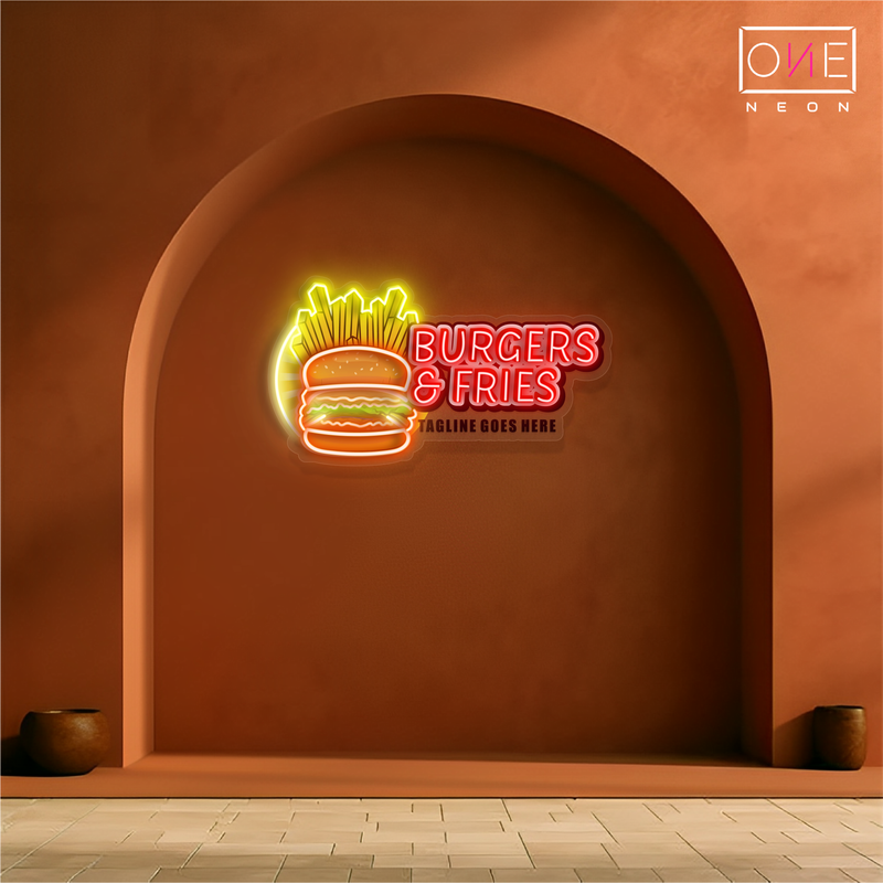 Panneau néon LED avec illustration de hamburgers et de frites