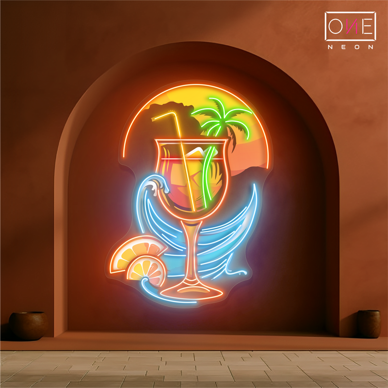 Panneau néon à LED avec illustration de cocktail au coucher du soleil tropical
