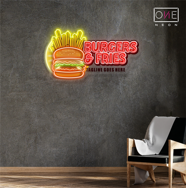 Panneau néon LED avec illustration de hamburgers et de frites