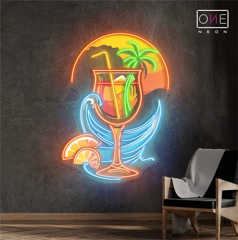 Panneau néon à LED avec illustration de cocktail au coucher du soleil tropical