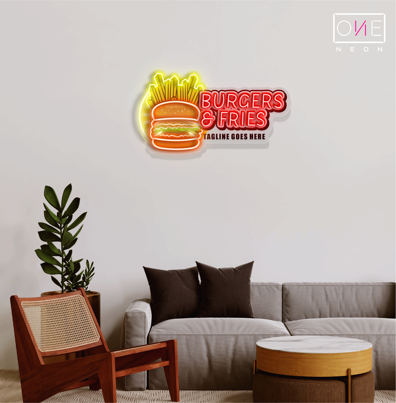 Panneau néon LED avec illustration de hamburgers et de frites