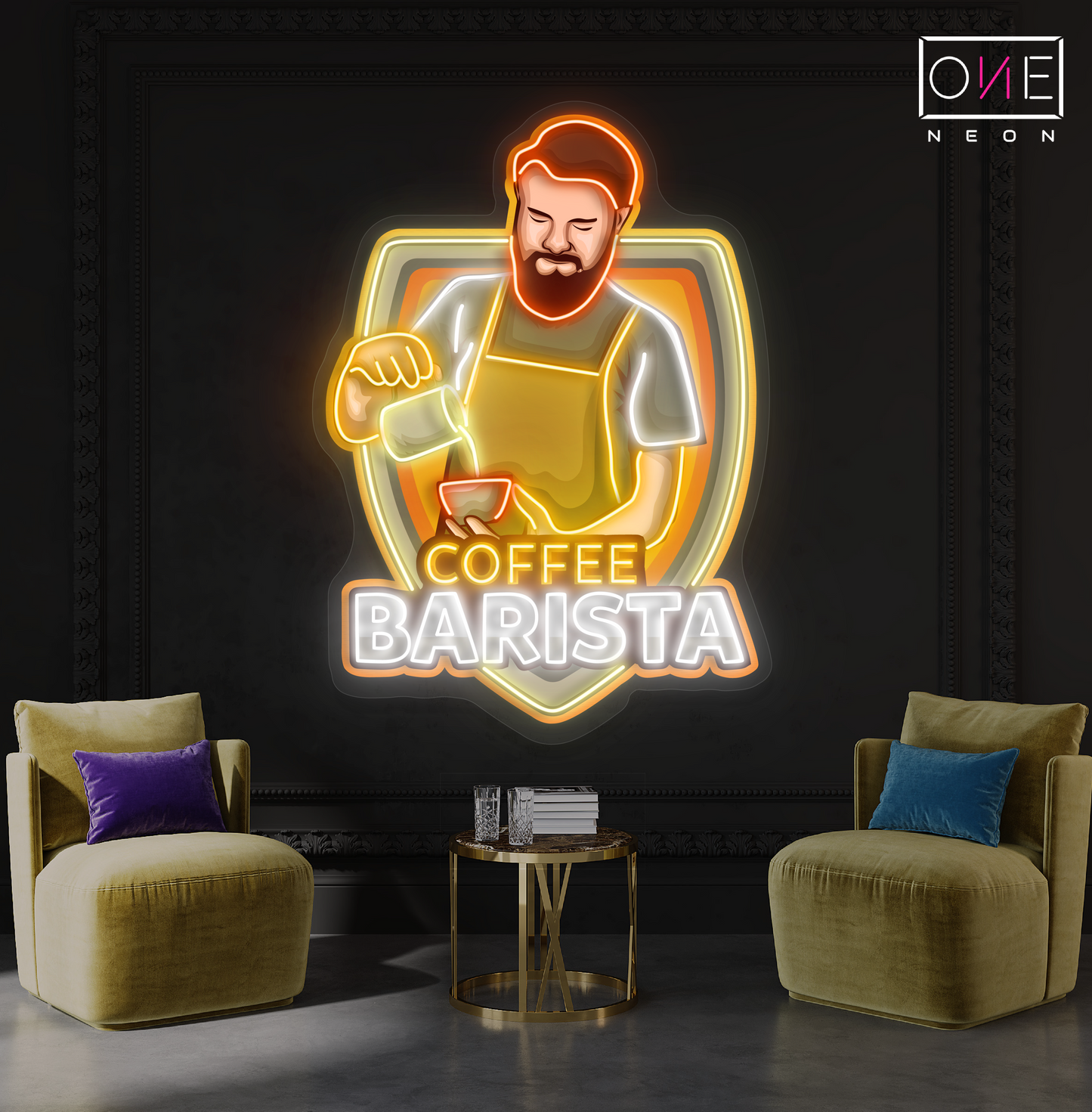 Panneau néon à LED avec illustration de barista de café