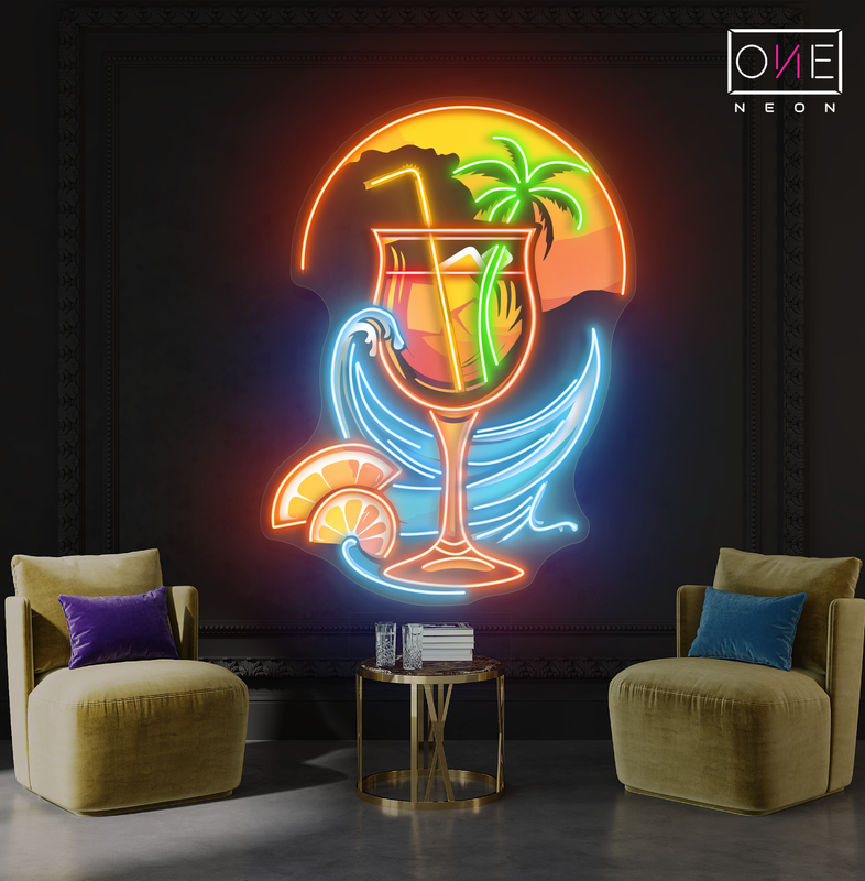 Panneau néon à LED avec illustration de cocktail au coucher du soleil tropical