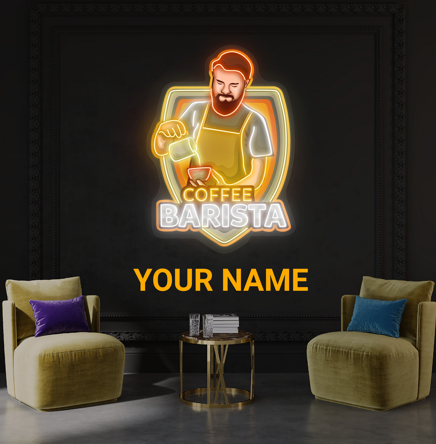 Panneau néon à LED avec illustration de barista de café