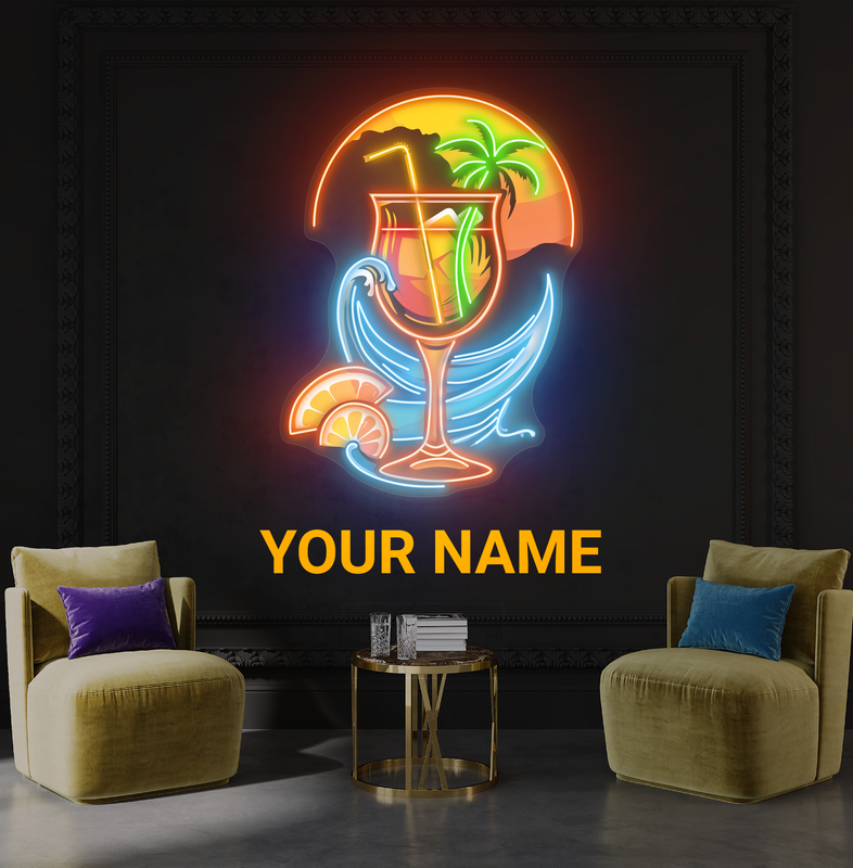 Panneau néon à LED avec illustration de cocktail au coucher du soleil tropical
