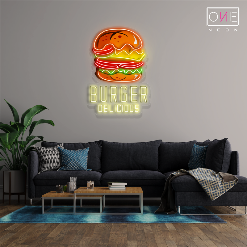 Enseigne au néon à LED avec illustration de délicieux hamburgers
