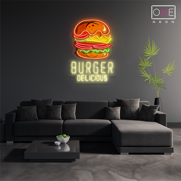 Enseigne au néon à LED avec illustration de délicieux hamburgers
