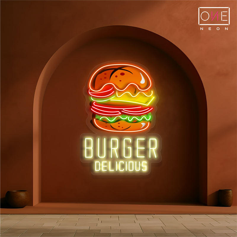Enseigne au néon à LED avec illustration de délicieux hamburgers