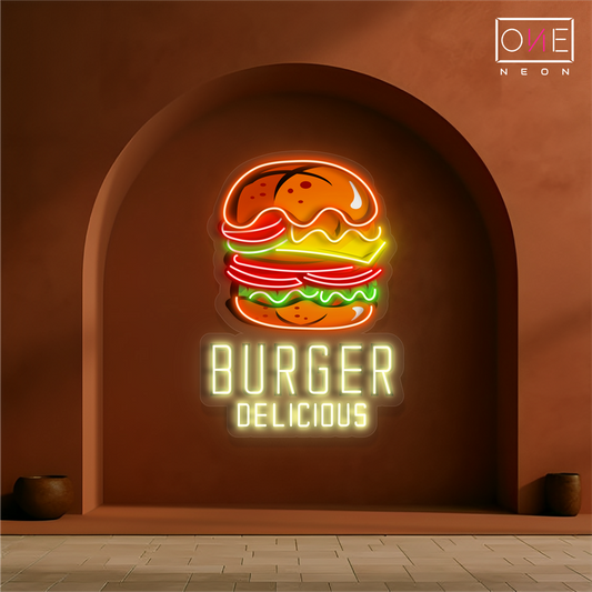 Enseigne au néon à LED avec illustration de délicieux hamburgers