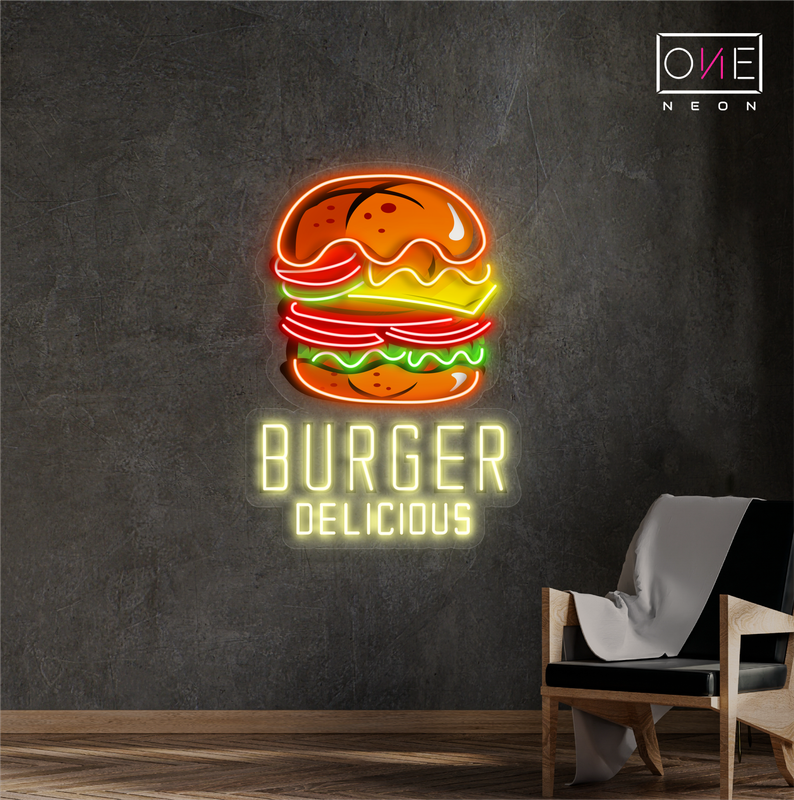 Enseigne au néon à LED avec illustration de délicieux hamburgers