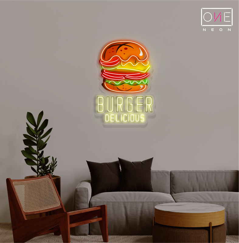 Enseigne au néon à LED avec illustration de délicieux hamburgers
