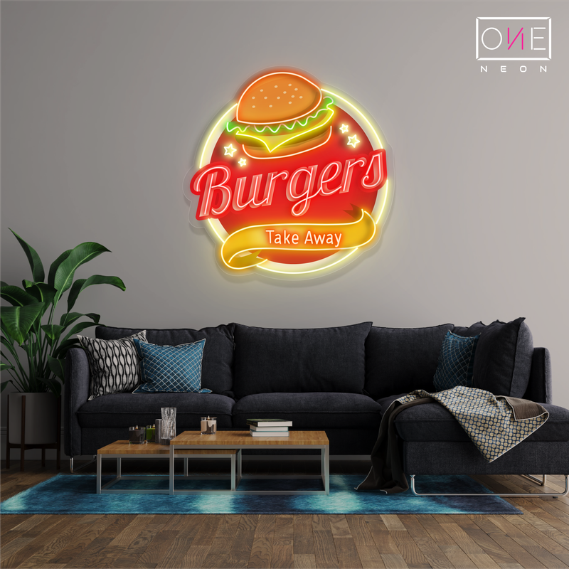 Panneau néon à LED avec illustration de hamburgers à emporter
