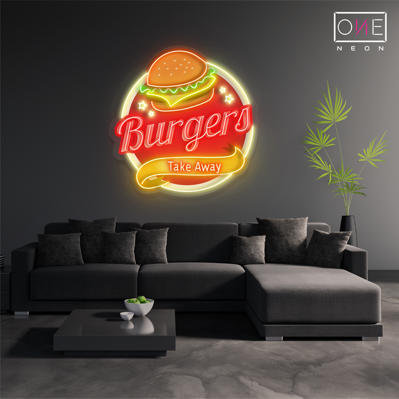 Panneau néon à LED avec illustration de hamburgers à emporter