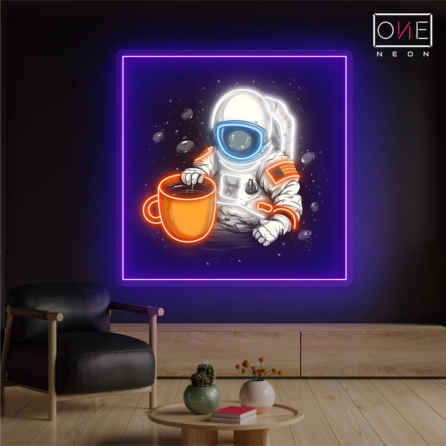 Enseigne au néon à LED représentant un café représentant un astronaute