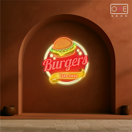 Panneau néon à LED avec illustration de hamburgers à emporter