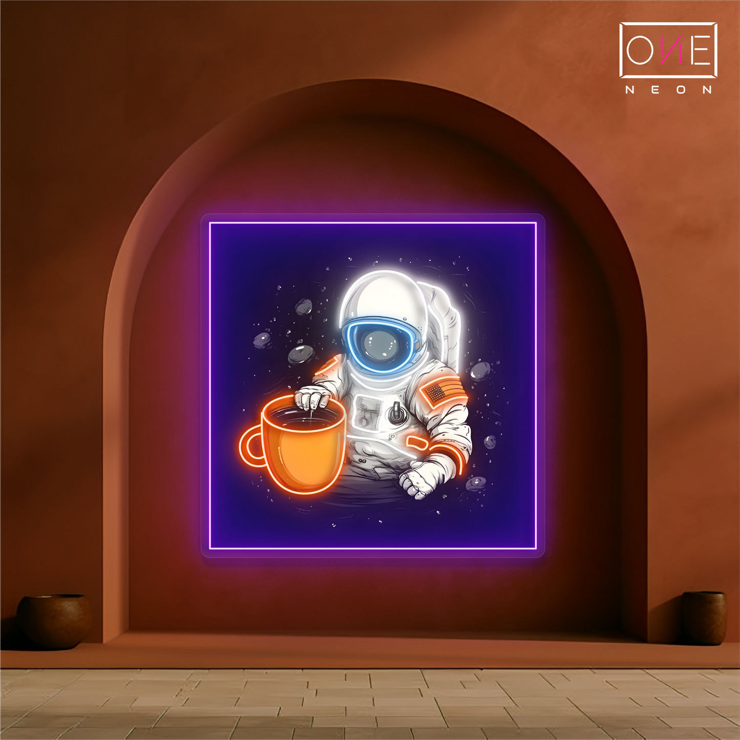 Enseigne au néon à LED représentant un café représentant un astronaute