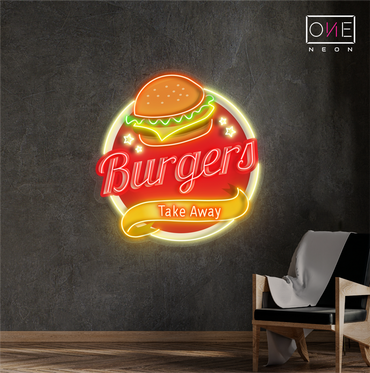 Panneau néon à LED avec illustration de hamburgers à emporter