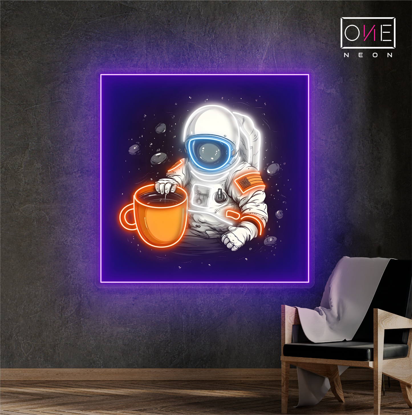 Enseigne au néon à LED représentant un café représentant un astronaute