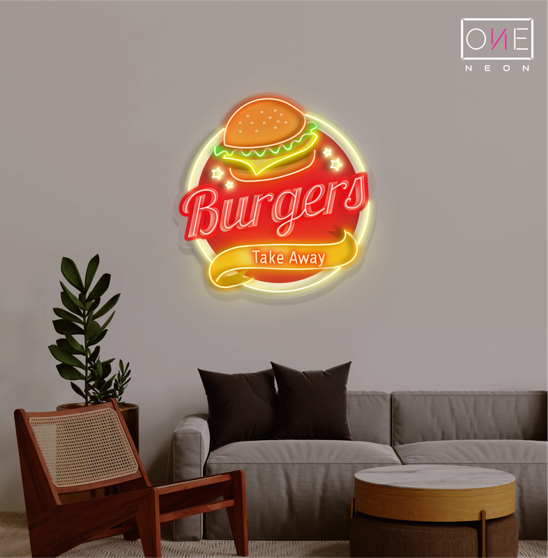 Panneau néon à LED avec illustration de hamburgers à emporter