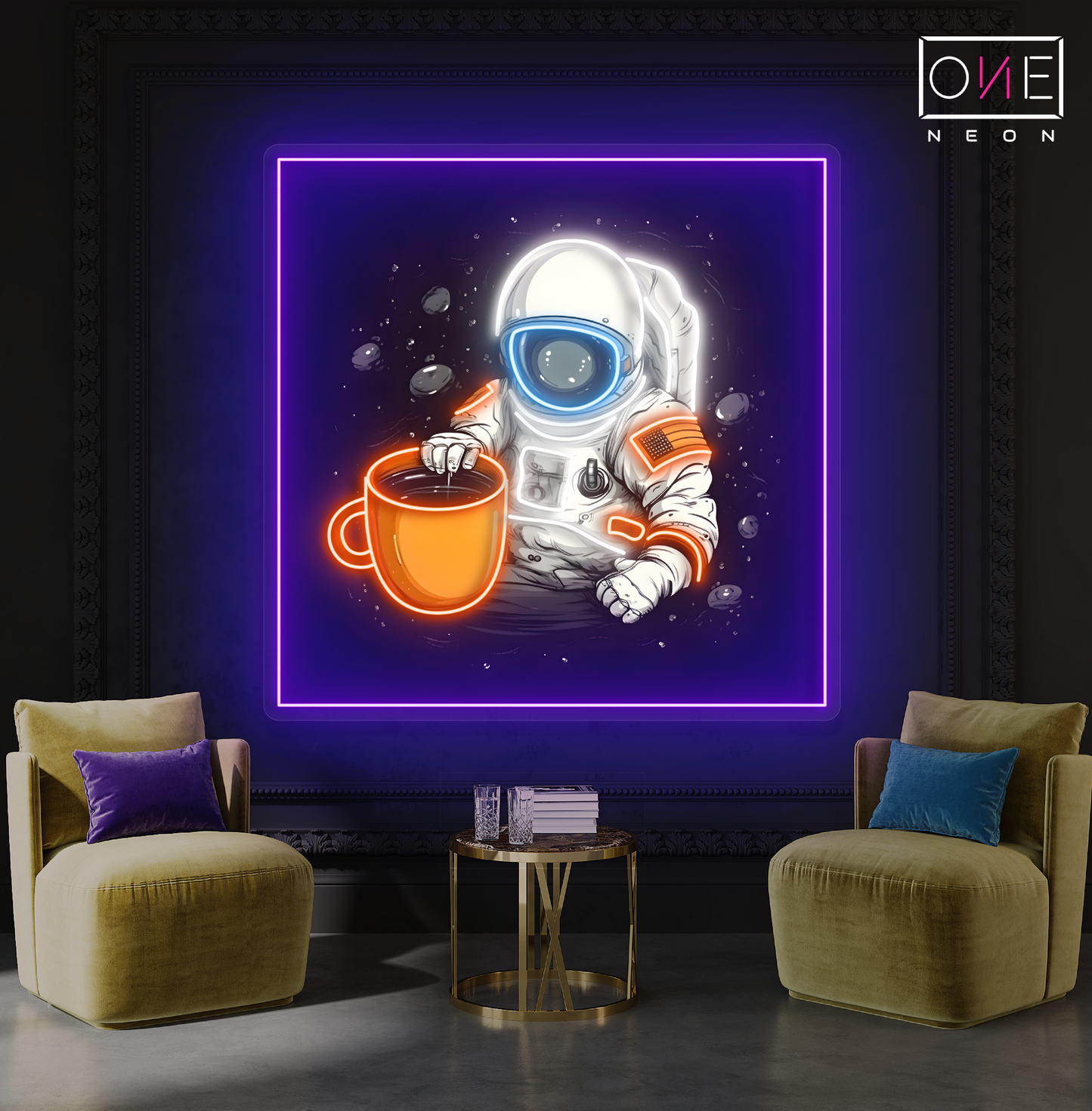 Enseigne au néon à LED représentant un café représentant un astronaute