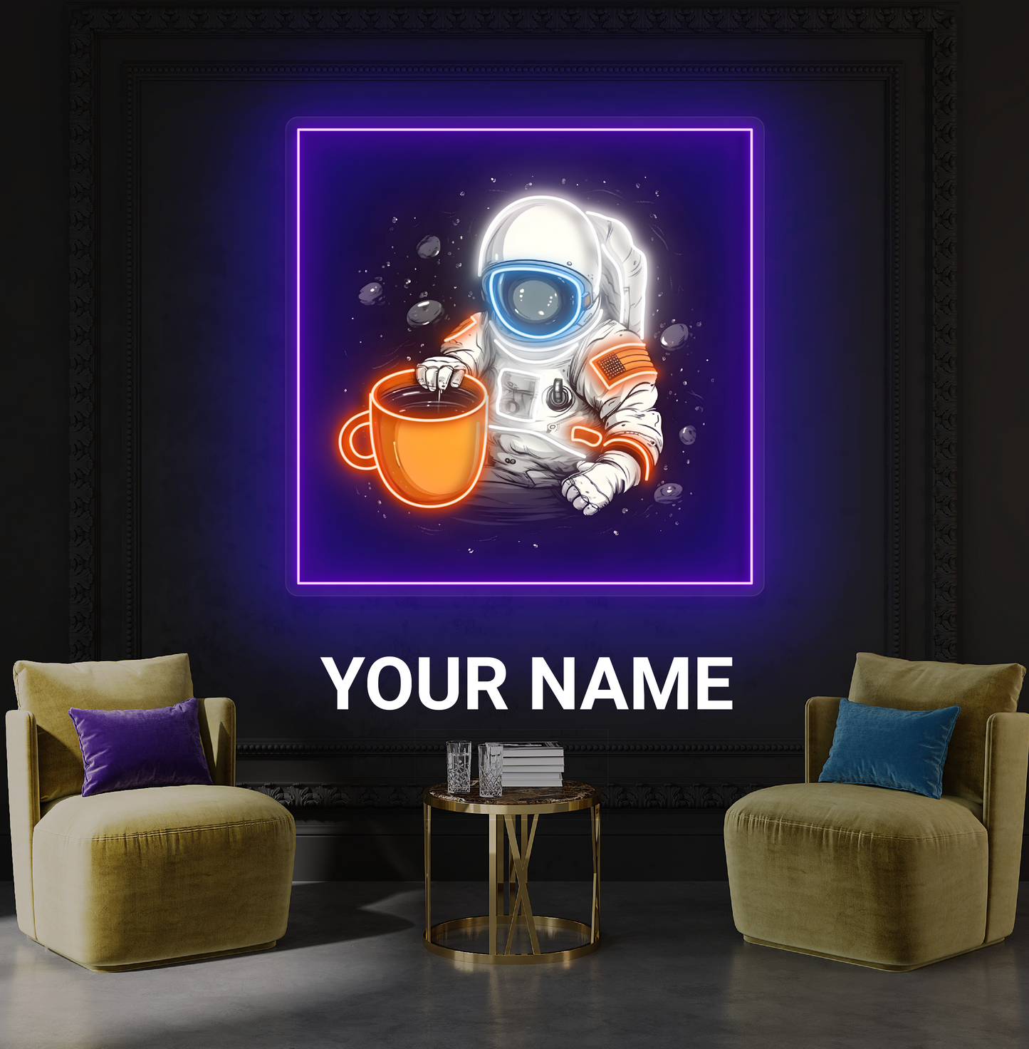 Enseigne au néon à LED représentant un café représentant un astronaute