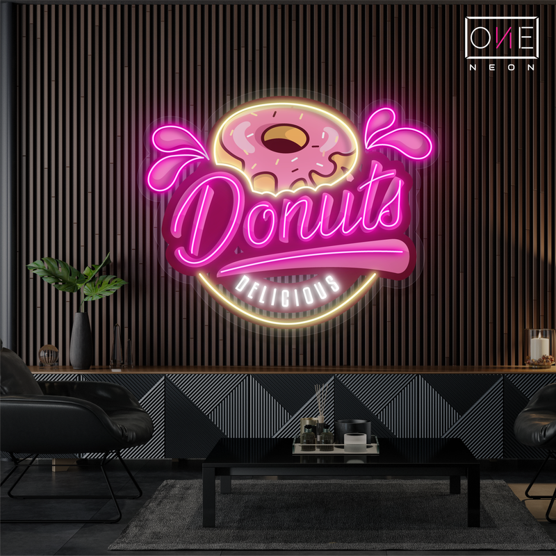 Enseigne au néon à LED avec illustration de beignet délicieux