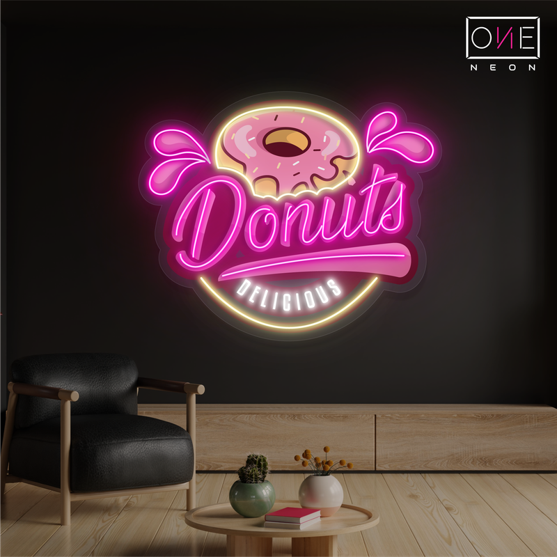 Enseigne au néon à LED avec illustration de beignet délicieux