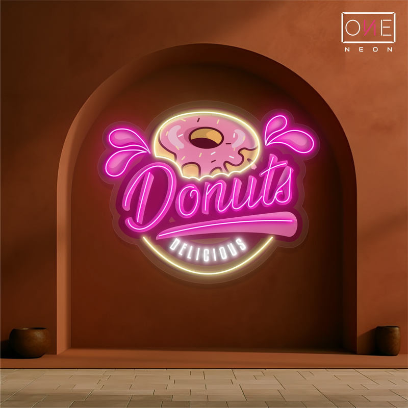 Enseigne au néon à LED avec illustration de beignet délicieux