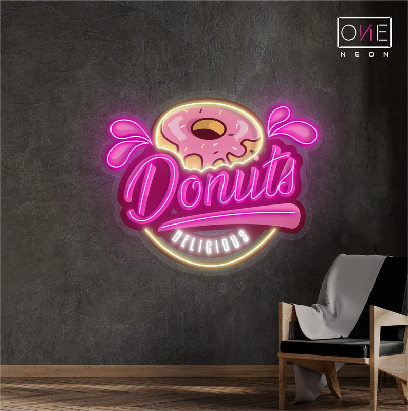 Enseigne au néon à LED avec illustration de beignet délicieux