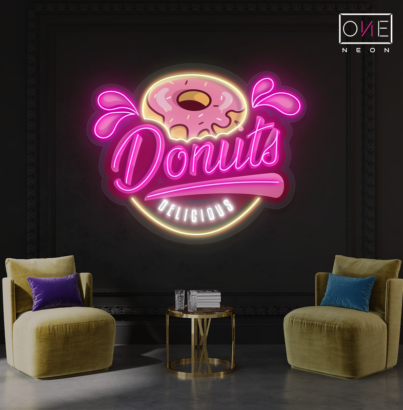 Enseigne au néon à LED avec illustration de beignet délicieux