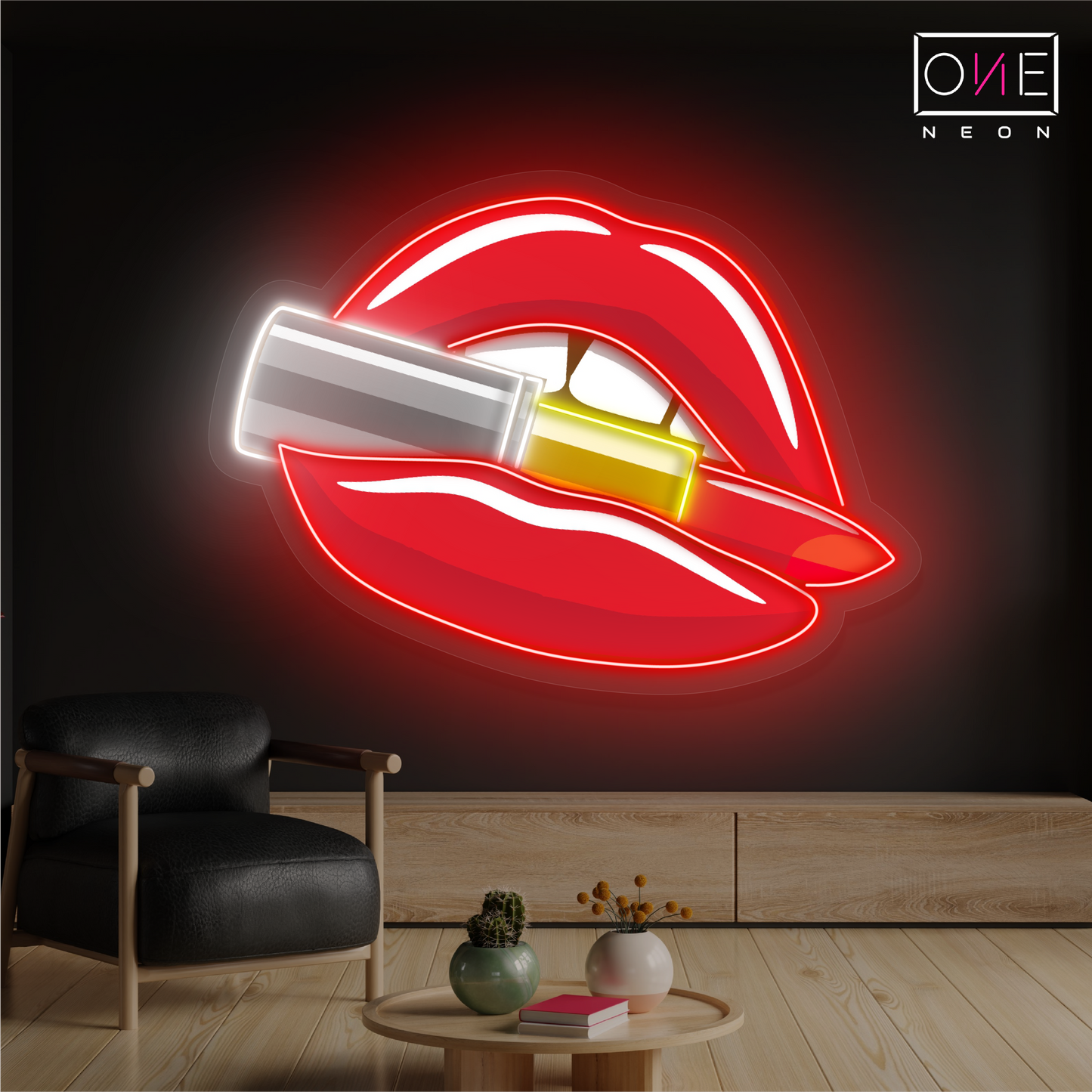Panneau néon à LED avec illustration de lèvres rouges et de rouge à lèvres