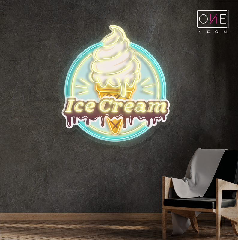 Panneau néon LED avec illustration de crème glacée rétro