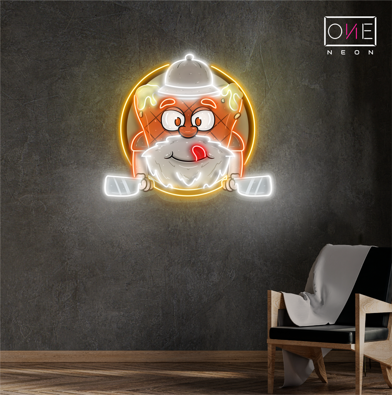 Enseigne au néon à LED représentant une mascotte de steak de viande