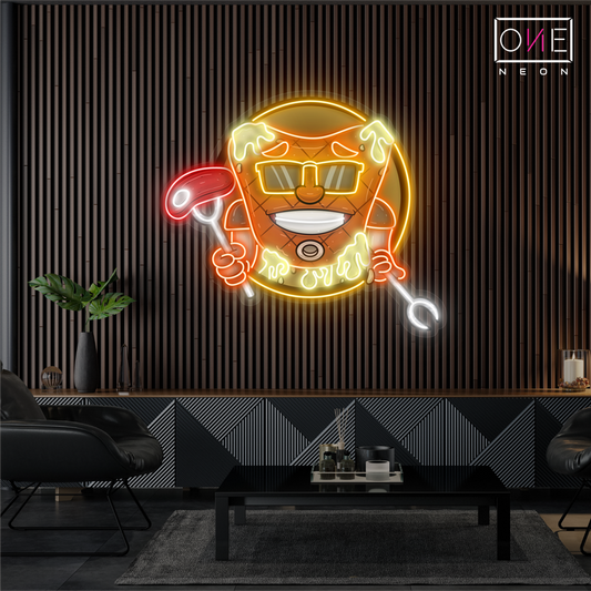 Enseigne au néon à LED représentant une mascotte cool de steak de viande