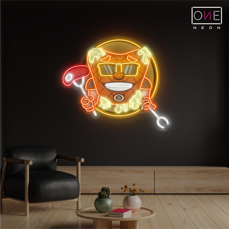 Enseigne au néon à LED représentant une mascotte cool de steak de viande
