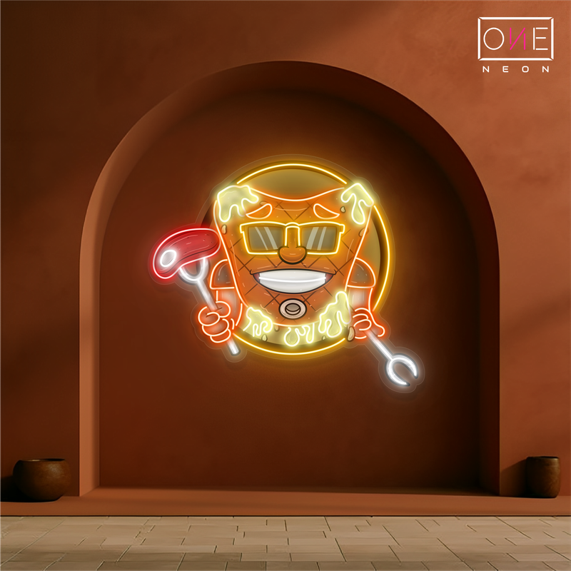 Enseigne au néon à LED représentant une mascotte cool de steak de viande