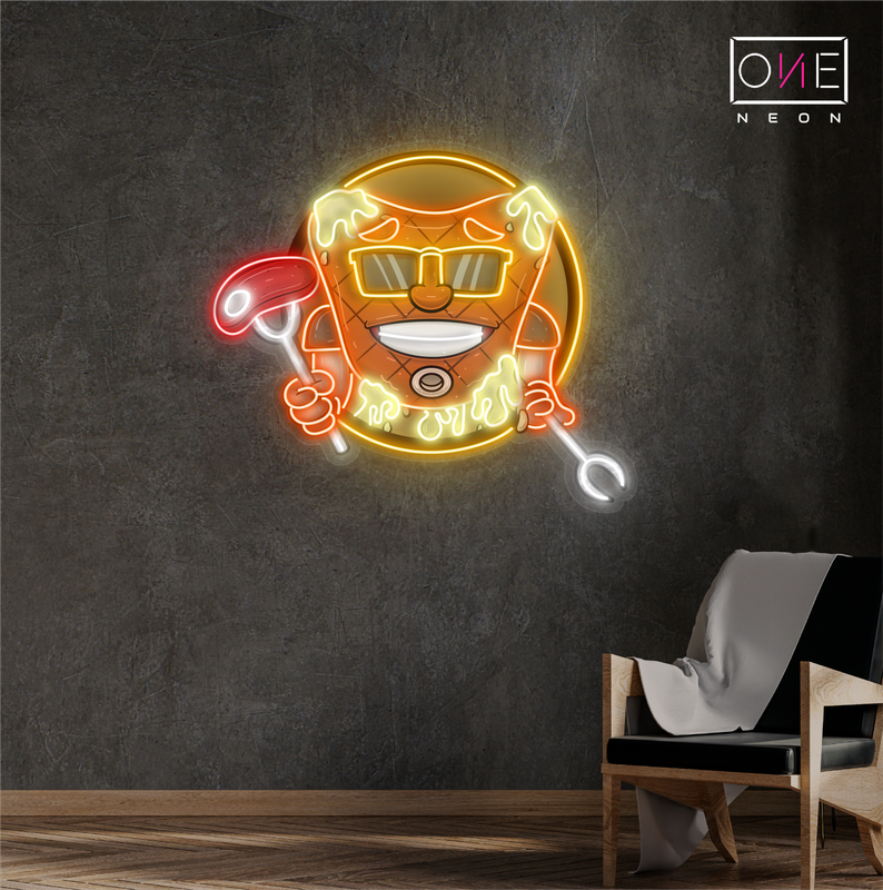 Enseigne au néon à LED représentant une mascotte cool de steak de viande