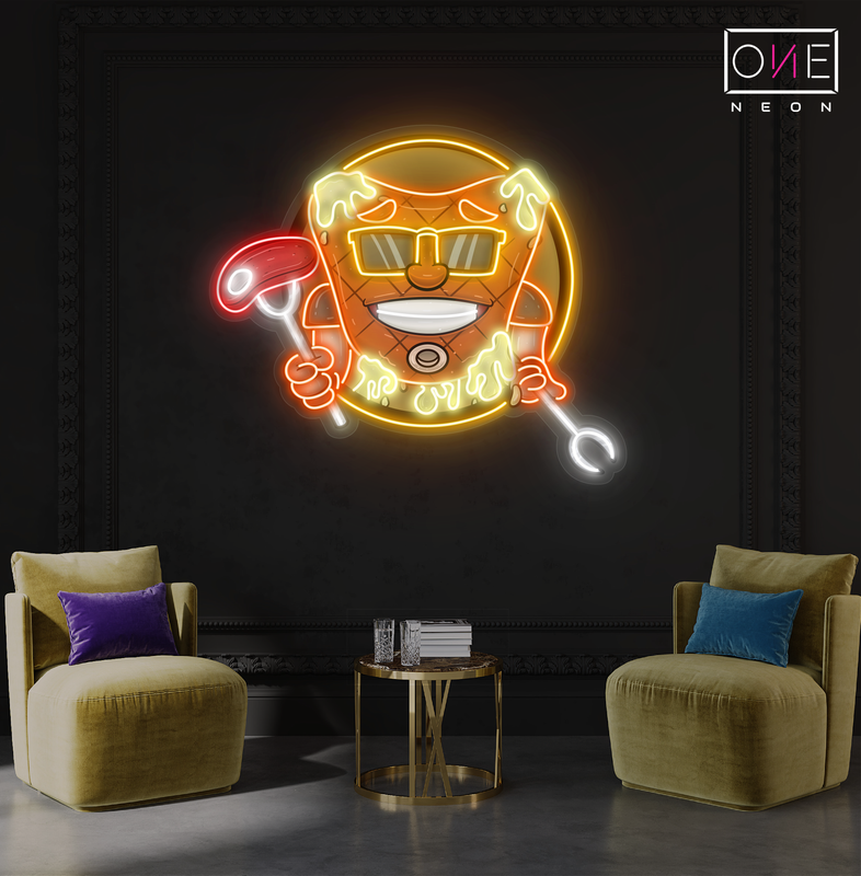 Enseigne au néon à LED représentant une mascotte cool de steak de viande
