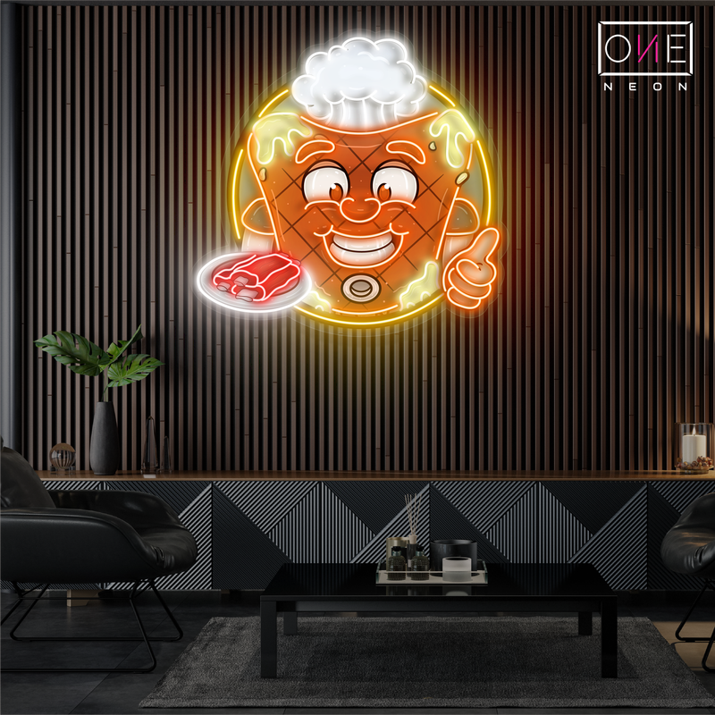 Enseigne au néon à LED représentant une mascotte heureuse de steak de viande