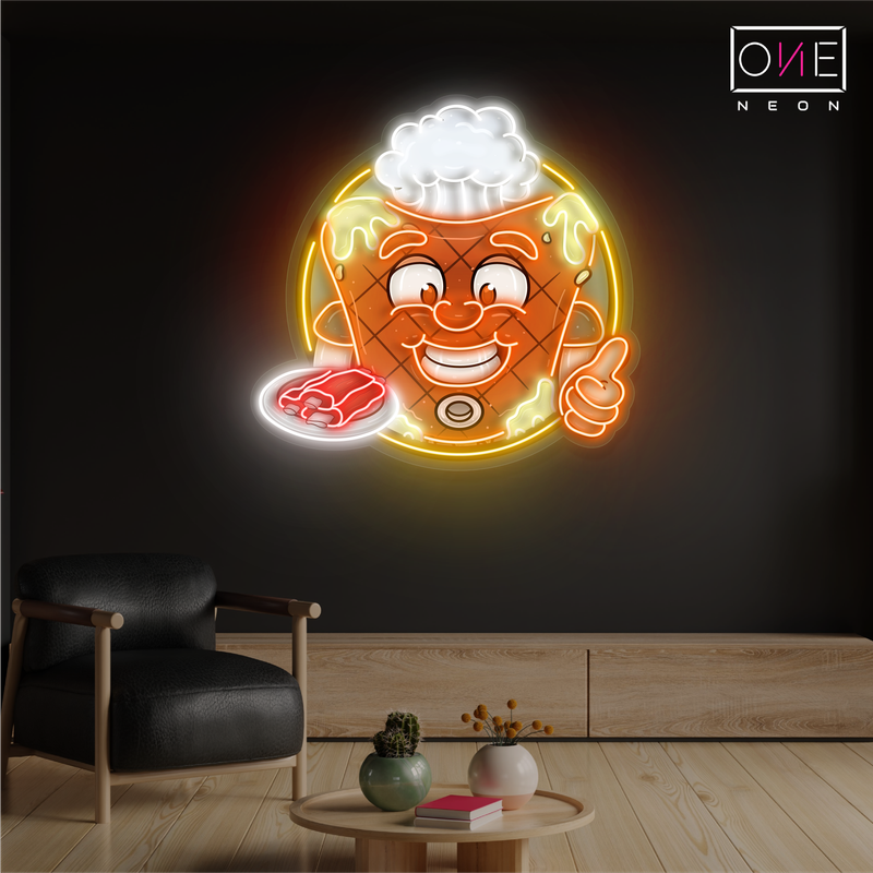 Enseigne au néon à LED représentant une mascotte heureuse de steak de viande