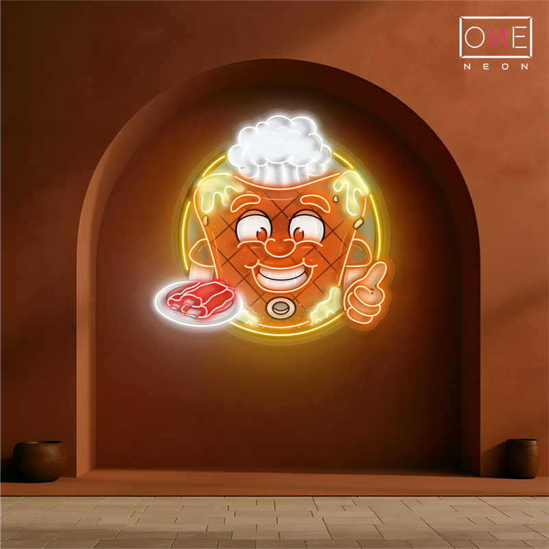 Enseigne au néon à LED représentant une mascotte heureuse de steak de viande