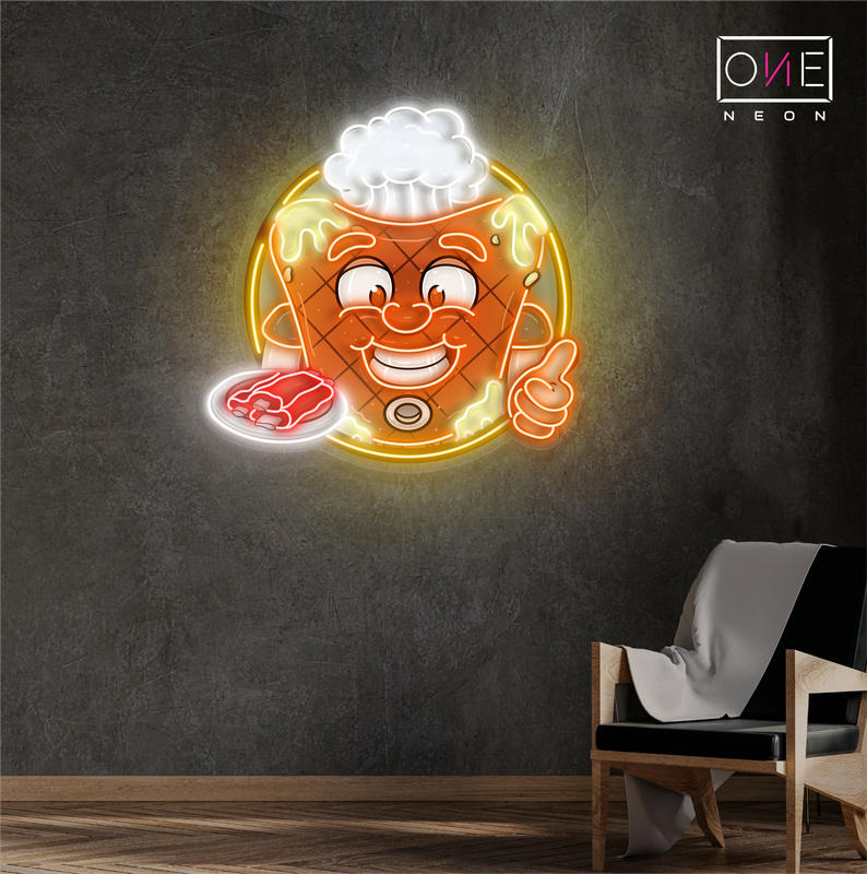 Enseigne au néon à LED représentant une mascotte heureuse de steak de viande
