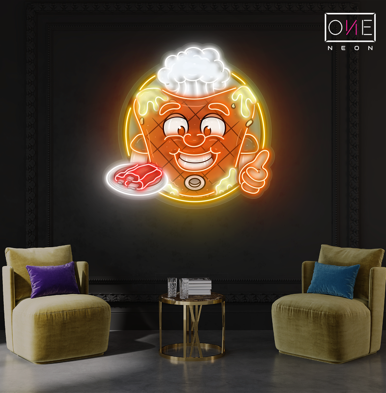 Enseigne au néon à LED représentant une mascotte heureuse de steak de viande