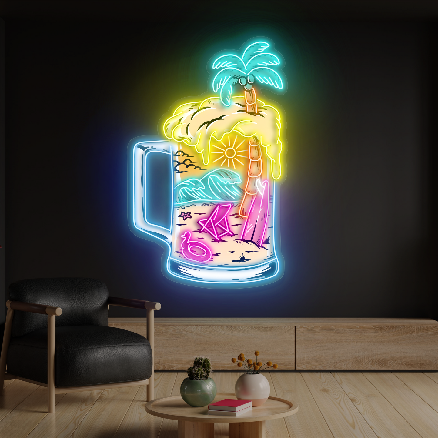 Panneau néon LED avec illustration de bière tropicale