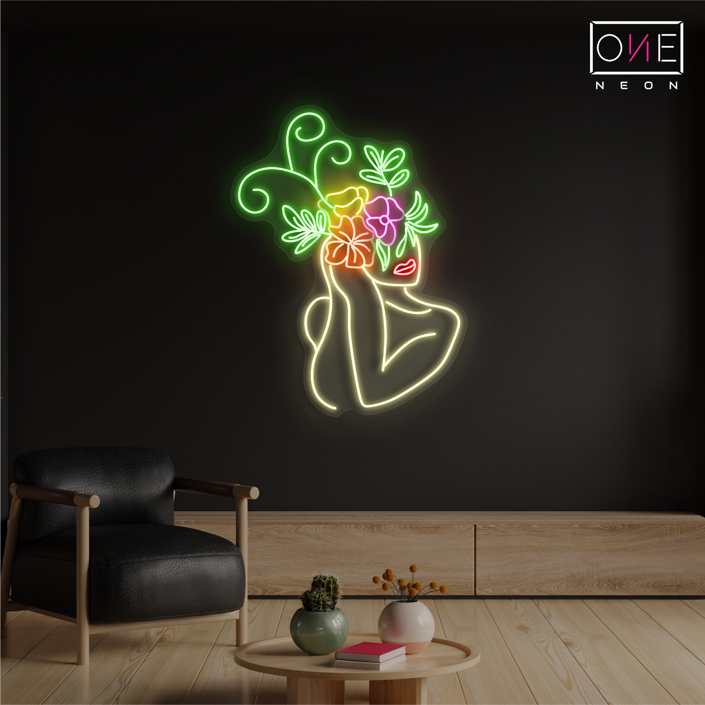 Enseigne au néon à LED avec illustration de beauté florale